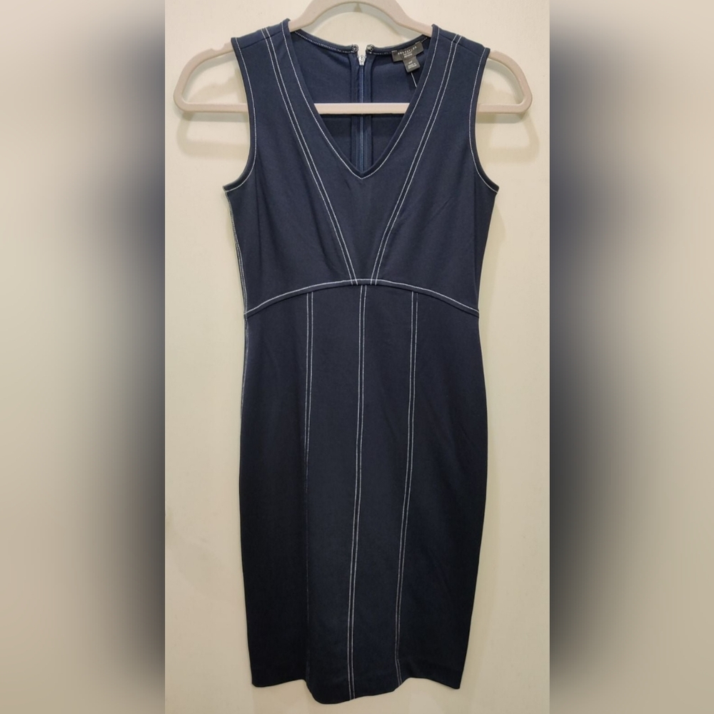 NEW - Ann Taylor Factory Dress, Navy Blue, White Stitching, Sleeveless 00 Petite